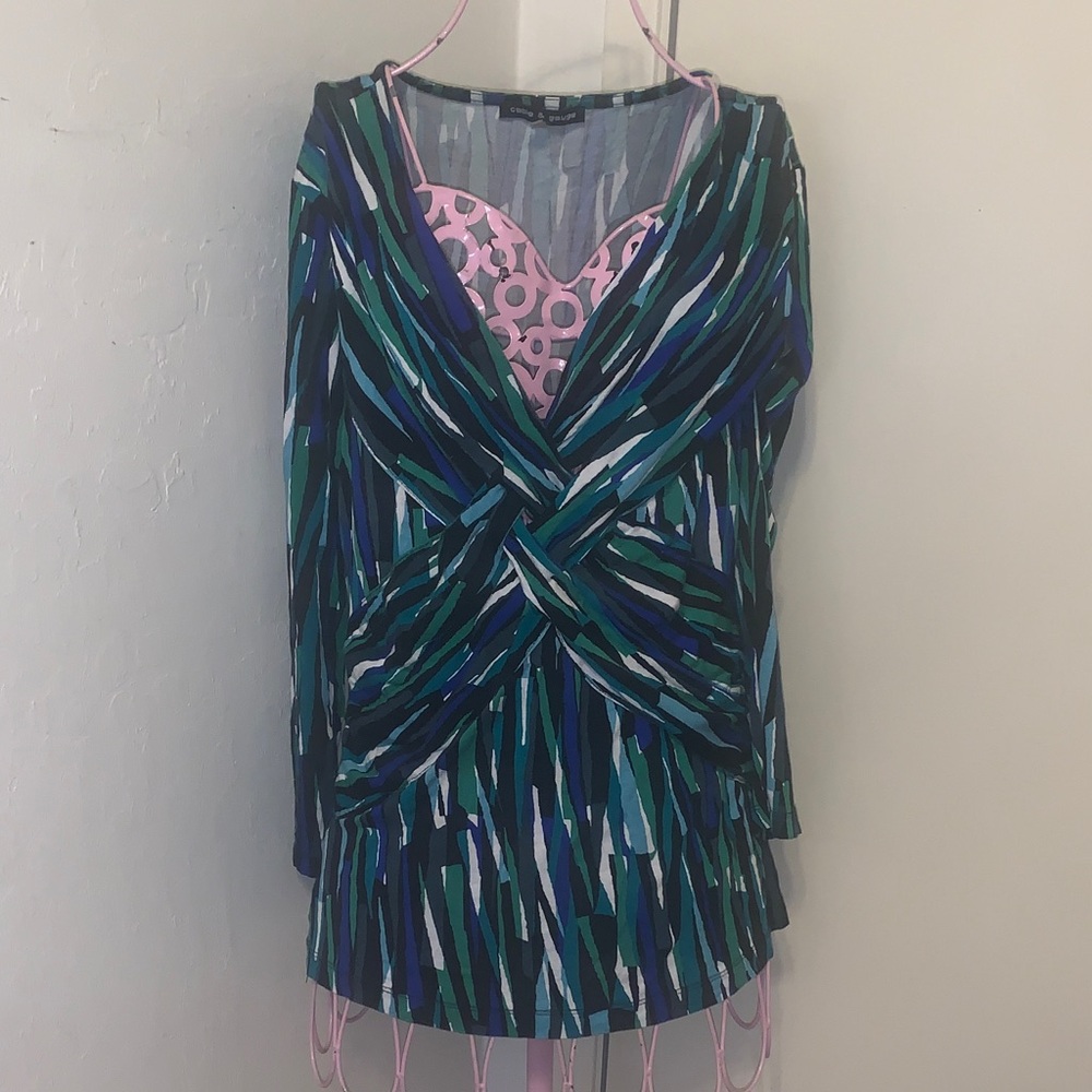 Cable & Gauge Teal, Navy & White Twist-Front Long Sleeve Tunic